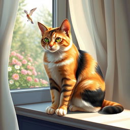 A realistic and detailed depiction of a cat, sitting gracefully on a sunny windowsill, with its fur glistening in the light, showcasing a variety of colors: orange, black, and white patches