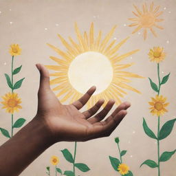 A hand offering help, providing hope to a fellow being. In the background, mixed symbols of positive changes like stars, flowers, and the sun.