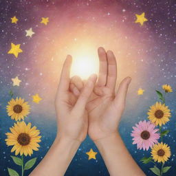 A hand offering help, providing hope to a fellow being. In the background, mixed symbols of positive changes like stars, flowers, and the sun.