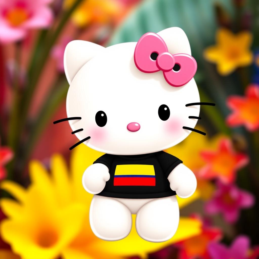 A cute depiction of Hello Kitty, the beloved character, dressed in a stylish black t-shirt featuring the Colombian flag