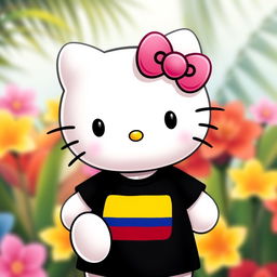 A cute depiction of Hello Kitty, the beloved character, dressed in a stylish black t-shirt featuring the Colombian flag