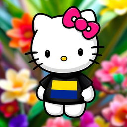 A cute depiction of Hello Kitty, the beloved character, dressed in a stylish black t-shirt featuring the Colombian flag