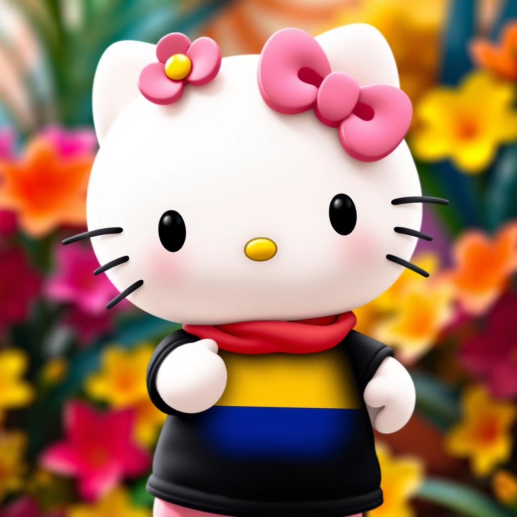 A cute depiction of Hello Kitty, the beloved character, dressed in a stylish black t-shirt featuring the Colombian flag