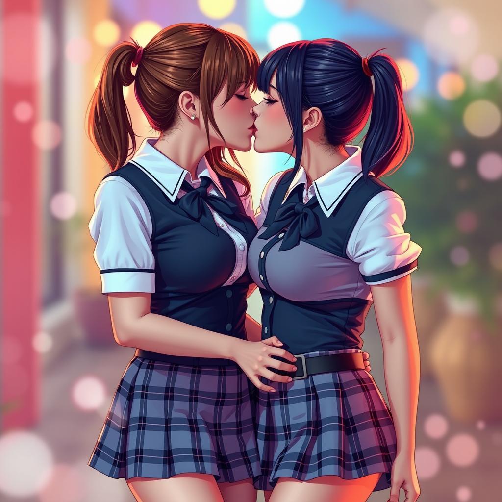 Two attractive women dressed in sexy schoolgirl outfits, passionately kissing each other