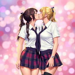 Two attractive women dressed in sexy schoolgirl outfits, passionately kissing each other