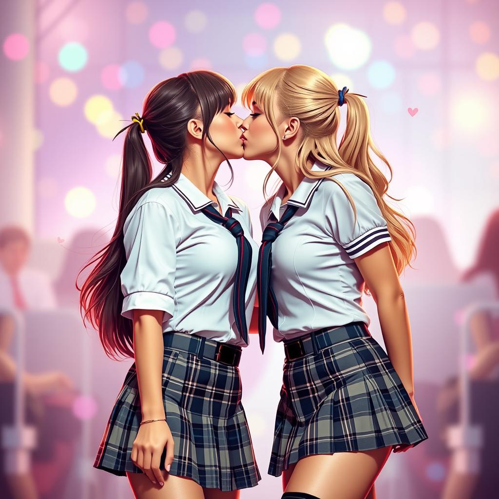 Two attractive women dressed in sexy schoolgirl outfits, passionately kissing each other