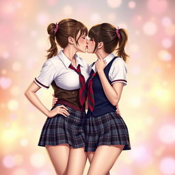 Two attractive women dressed in sexy schoolgirl outfits, passionately kissing each other