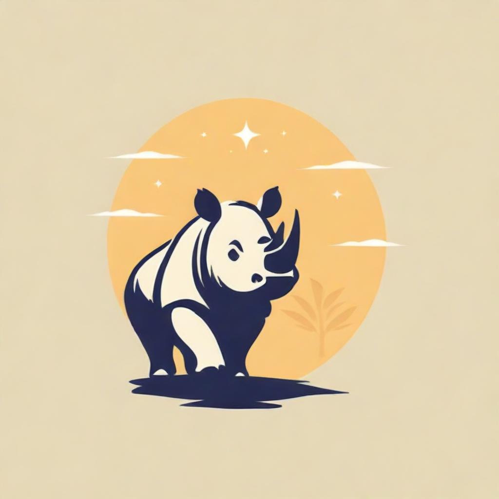 Revise the party logo to have a rhino head symbol at the center, a star above its head, a magnificent banyan tree as a backdrop, and radiant yellow bamboo trees flanking both sides of the logo.