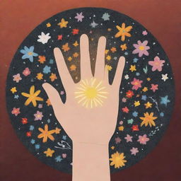 A hand extending help, bringing hope to another. In the background, a mix of symbols representing positive change, such as stars, flowers, and the sun.