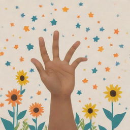 A hand extending help, bringing hope to another. In the background, a mix of symbols representing positive change, such as stars, flowers, and the sun.