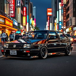 A custom Volkswagen Vento MK3 from 1994 with a sporty design, painted in a sleek black color