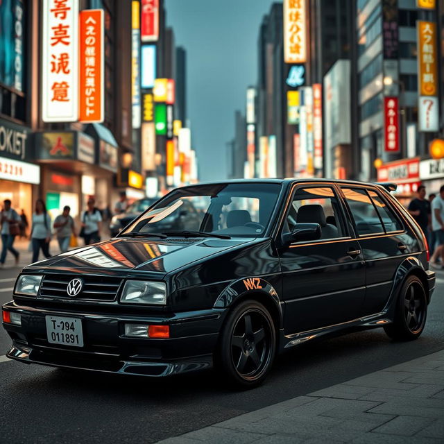 A custom Volkswagen Vento MK3 from 1994 with a sporty design, painted in a sleek black color