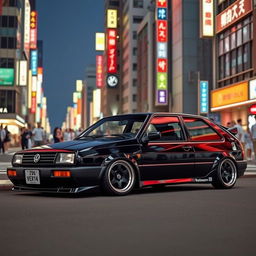 A custom Volkswagen Vento MK3 from 1994 with a sporty design, painted in a sleek black color