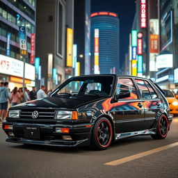 A custom Volkswagen Vento MK3 from 1994 with a sporty design, painted in a sleek black color