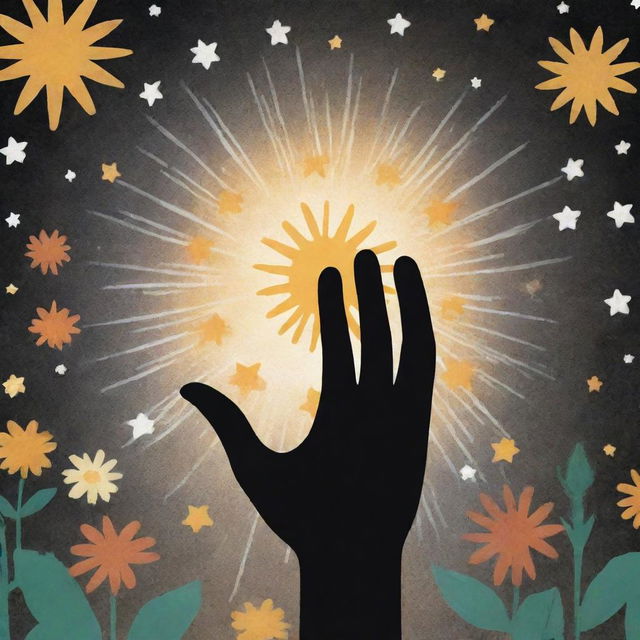 A hand extending help, bringing hope to another. In the background, a mix of symbols representing positive change, such as stars, flowers, and the sun.