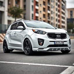 A modified 2017 white Kia Sportage, prominently displaying Spanish license plate 2070JYB