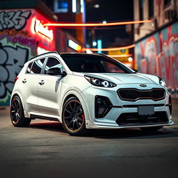 A customized 2017 Kia Sportage, white in color, featuring a sleek and aggressive tuning style with modified body kits and sporty wheels