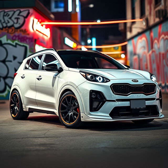 A customized 2017 Kia Sportage, white in color, featuring a sleek and aggressive tuning style with modified body kits and sporty wheels