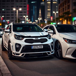 A highly detailed 8k image featuring a 2017 white Kia Sportage with Spanish license plate 2070JYB, showcasing extensive tuning modifications that highlight its sporty and aggressive design