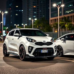 A highly detailed 8k image featuring a 2017 white Kia Sportage with Spanish license plate 2070JYB, showcasing extensive tuning modifications that highlight its sporty and aggressive design