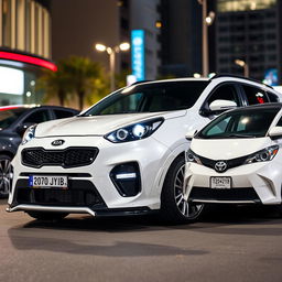 A highly detailed 8k image featuring a 2017 white Kia Sportage with Spanish license plate 2070JYB, showcasing extensive tuning modifications that highlight its sporty and aggressive design