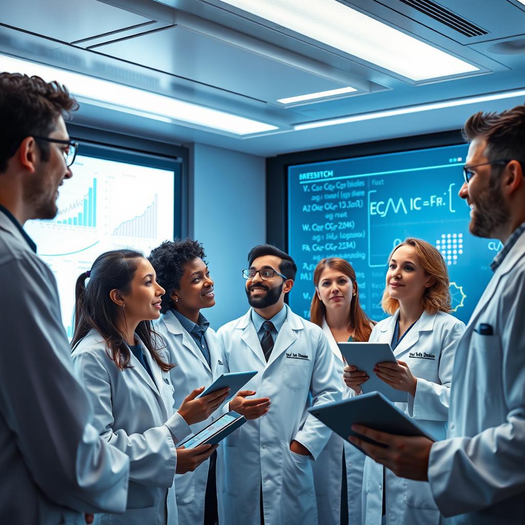 A futuristic laboratory scene showcasing scientists passionately discussing and analyzing data on AI's IQ