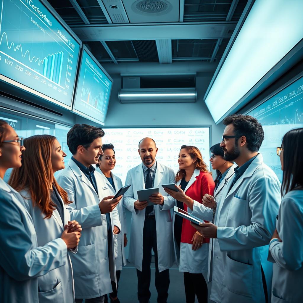 A futuristic laboratory scene showcasing scientists passionately discussing and analyzing data on AI's IQ