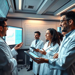 A futuristic laboratory scene showcasing scientists passionately discussing and analyzing data on AI's IQ