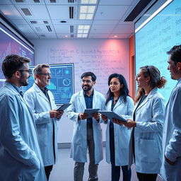 A futuristic laboratory scene showcasing scientists passionately discussing and analyzing data on AI's IQ