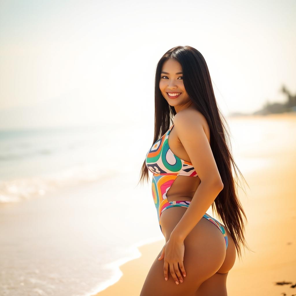 An alluring Asian woman with prominent curves, wearing a stylish and colorful swimsuit