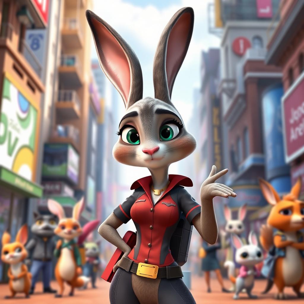 An anthropomorphic rabbit character inspired by Judy Hopps from Zootopia, featuring exaggerated curves with a prominent figure