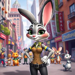 An anthropomorphic rabbit character inspired by Judy Hopps from Zootopia, featuring exaggerated curves with a prominent figure