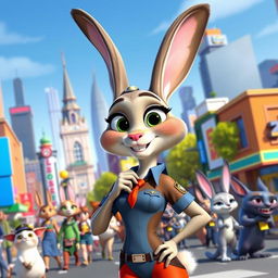 An anthropomorphic rabbit character inspired by Judy Hopps from Zootopia, featuring exaggerated curves with a prominent figure