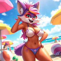 A vibrant anthropomorphic furry character with large breasts, wearing a stylish bikini