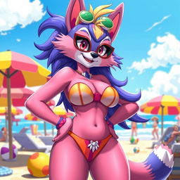 A vibrant anthropomorphic furry character with large breasts, wearing a stylish bikini