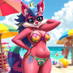 A vibrant anthropomorphic furry character with large breasts, wearing a stylish bikini