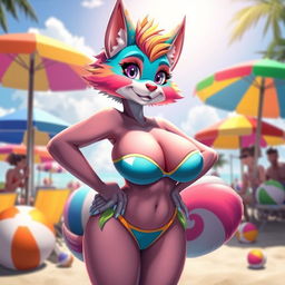 A vibrant anthropomorphic furry character with large breasts, wearing a stylish bikini