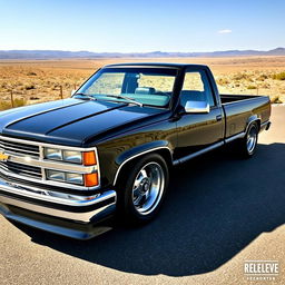 A stunning 1990 Chevy C1500 pickup truck with a glossy black body parked in a scenic outdoor setting