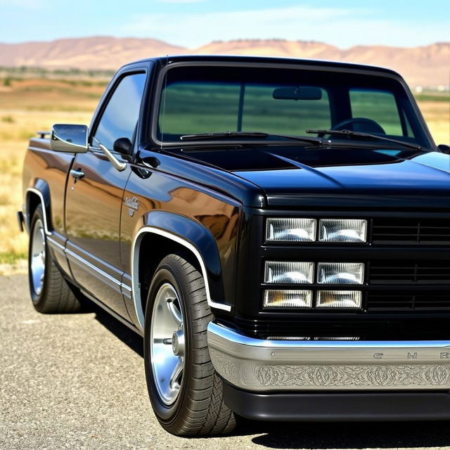 A stunning 1990 Chevy C1500 pickup truck with a glossy black body parked in a scenic outdoor setting