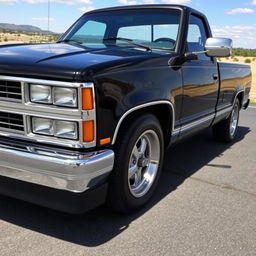 A stunning 1990 Chevy C1500 pickup truck with a glossy black body parked in a scenic outdoor setting