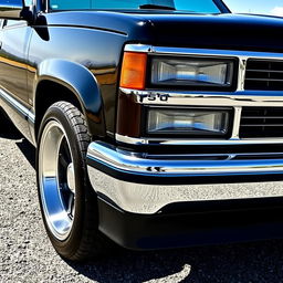 A stunning 1990 Chevy C1500 pickup truck with a glossy black body parked in a scenic outdoor setting