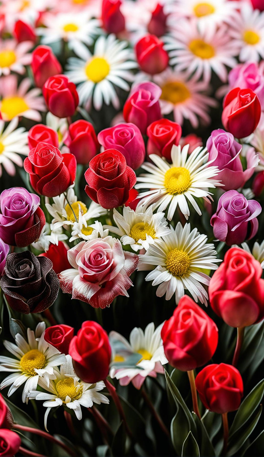 High-resolution stock image of a vibrant array of various species of flowers in full bloom, bathed in soft natural light.