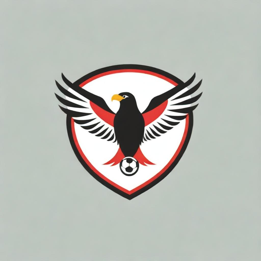 Design a soccer club logo featuring a striped red and black eagle symbol, with three stars prominently displayed across its chest.