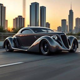 A stunning 1936 Chrysler C7 Coupe with a widebody styling, featuring enormous wide tires and an exotic supercar design