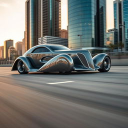 A stunning 1936 Chrysler C7 Coupe with a widebody styling, featuring enormous wide tires and an exotic supercar design