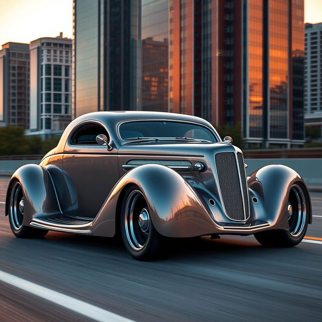 A stunning 1936 Chrysler C7 Coupe with a widebody styling, featuring enormous wide tires and an exotic supercar design