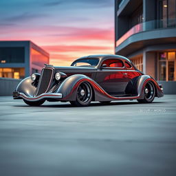 A visually striking 1936 Chrysler C7 Coupe designed with a widebody style, showcasing impressive wide tires and an exotic supercar fusion that incorporates avant-garde futuristic elements reminiscent of BMW