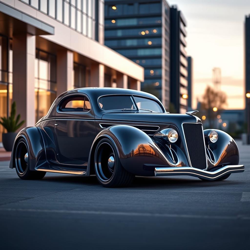 A visually striking 1936 Chrysler C7 Coupe designed with a widebody style, showcasing impressive wide tires and an exotic supercar fusion that incorporates avant-garde futuristic elements reminiscent of BMW