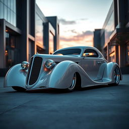 A visually striking 1936 Chrysler C7 Coupe designed with a widebody style, showcasing impressive wide tires and an exotic supercar fusion that incorporates avant-garde futuristic elements reminiscent of BMW