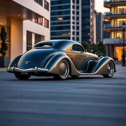 A visually striking 1936 Chrysler C7 Coupe designed with a widebody style, showcasing impressive wide tires and an exotic supercar fusion that incorporates avant-garde futuristic elements reminiscent of BMW